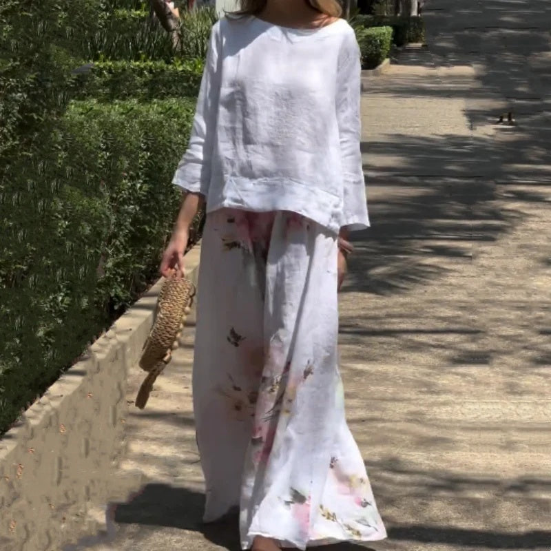 🌸🔥Tweedelige set met effen top en gebloemde broek met wijde pijpen