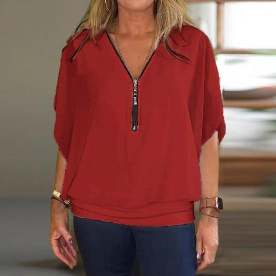 Mila Casual Zip-Front Chiffon Neck Top