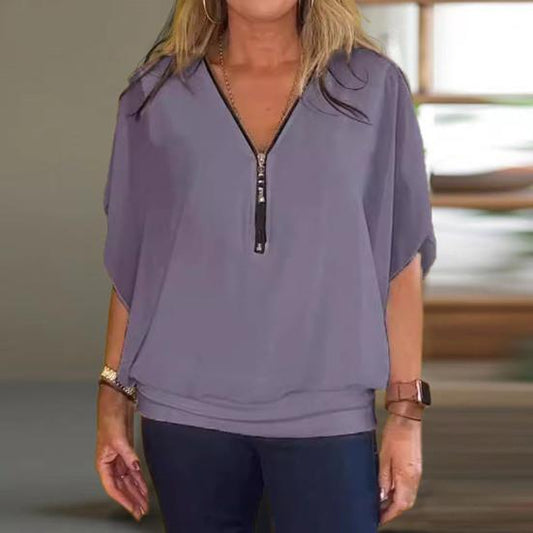 Mila Casual Zip-Front Chiffon Neck Top