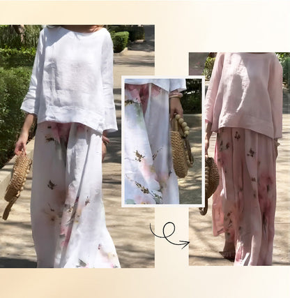 🌸🔥Tweedelige set met effen top en gebloemde broek met wijde pijpen