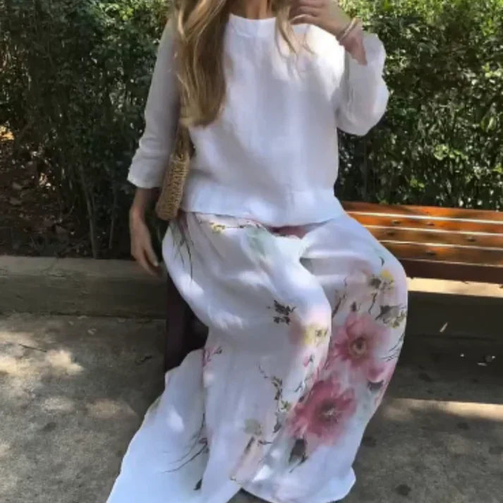 🌸🔥Tweedelige set met effen top en gebloemde broek met wijde pijpen